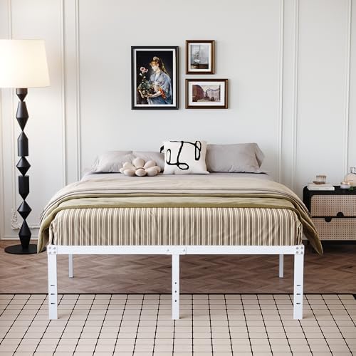 DiaOutro 18 Inch White Metal Bed Frame Queen with Storage