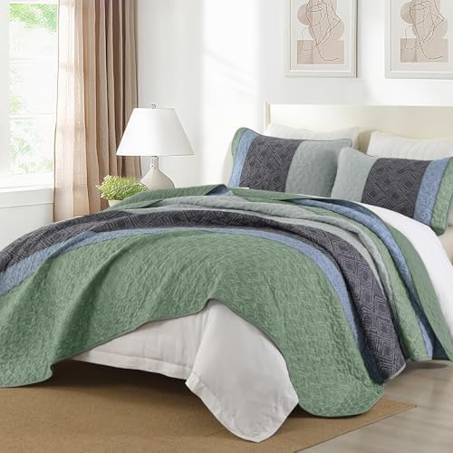 Cottolester Boho Full Quilt Set,Grey Green Striped Plaid Bedspread Coverlet