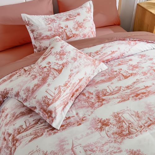 Blush Pink Queen Comforter Set, 7 Pieces Bed in a Bag French Toile Comforter with Sheets, Soft Lightweight Microfiber Botanical Complete Queen Size Bedding Set for All Season