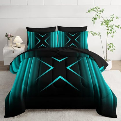 Nttopship Turquoise Black Geometric Comforter Set Queen Size 7Pieces,3D Abstract Mordern Printed Bedding Set for Adults,Geometric Mordern Decor All Seasons with Pillowcases,Flat, Fitted Sheet