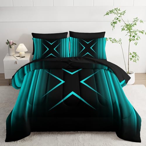 Nttopship Turquoise Black Geometric Comforter Set Full Size 7Pieces,3D Abstract Mordern Printed Bedding Set for Adults,Geometric Mordern Decor All Seasons with Pillowcases,Flat, Fitted Sheet