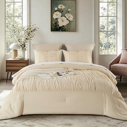 Cupocupa Ruched Ruffle Comforter Set King - 3 Piece Wheat Checkered Bedding Set - Aesthetic Cottagecore Ruffled Farmhouse Comforter with 2 Pillow Shams - Soft, Lightweight All Season Bedding