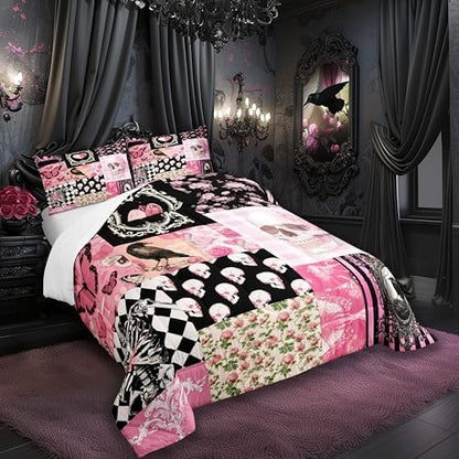 Halloween Crow Comforter Set Twin Size,Suger Skull Rose Flowers Spider Print Bedding Set,Patchwork Pink Black Grid Striped Quilt Set,Gothic Boho Duvet Insert Kids Girls Teens Halloween Decor