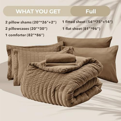 HYMOKEGE Brown Full Size Comforter Sets Seersucker 7 Pieces, All Season Luxury Bed in a Bag for Bedroom, Bedding Set with Comforter, Sheets, Pillowcases & Shams