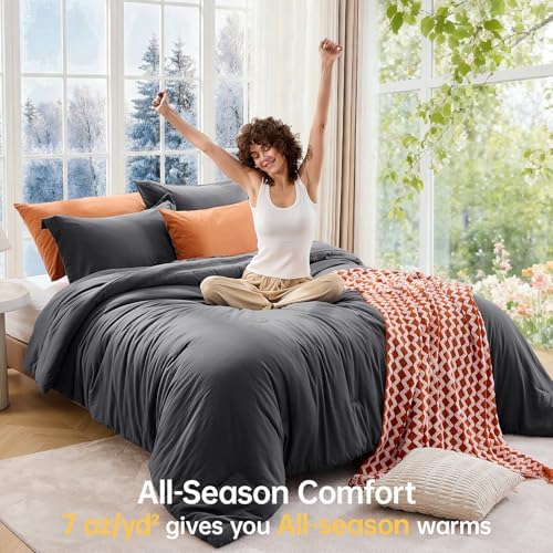 MUXHOMO Oversized King Comforter Sets, All Season Ultra Soft Down Alternative Bedding - 3 Piece Lightweight Bed Set Includes 1 Comforter (120"x98") and 2 Pillow Shams (20"x36"), Dark Grey