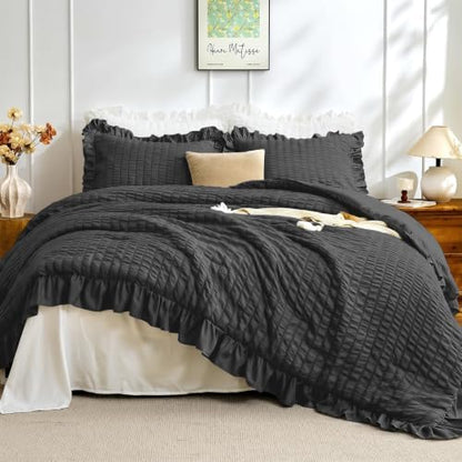 JOLLYVOGUE Black King Comforter Set, 3 Pieces Seersucker Comforters King Size, Lightweight & Fluffy Bedding Sets King for All Season with 1 Ruffle Comforter and 2 Ruffle Pillowshams