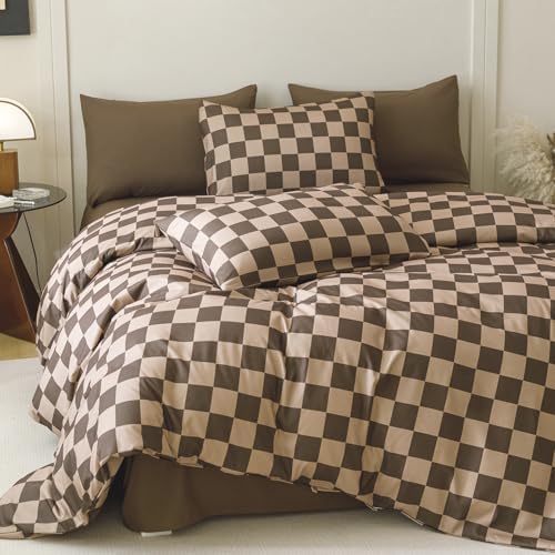 Wellboo Brown Plaid Comforter Sets California King Dark Brown and Cream Coffee Checkerboard Grid Bedding Comforters Cal King Women Men Taupe Checkered Geometric Quilts Soft Luxury Brown Abstract Bed