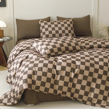 Wellboo Brown Plaid Comforter Sets California King Dark Brown and Cream Coffee Checkerboard Grid Bedding Comforters Cal King Women Men Taupe Checkered Geometric Quilts Soft Luxury Brown Abstract Bed