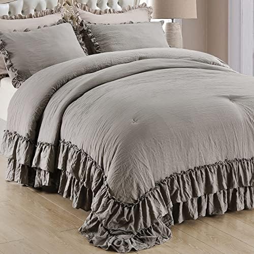 Masaca Grey Shabby Comforter Set Queen,Farmhouse Rustic Microfiber Bedding Ruffled Comforter Set,Vintage Gray Ruffle Comforter for Queen Bed Fluffy Aesthetic Bedding 3 Pieces