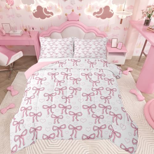 jejeloiu Bowknot Comforter Set All Season Pink Bow Bedding Set with 2 Pillow Cases Bow-tie Microfiber Kids King Bedclothes Butterfly Bowknot Bedroom Decor Duvet Quilt Breathable Soft Lightweight