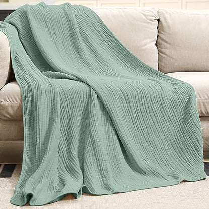 Yoofoss Muslin Blanket 100% Organic Cotton Throw Large 50" x 60" for Bed Couch Summer Gauze Blanket for Adults Lightweight and Breathable Dark Green