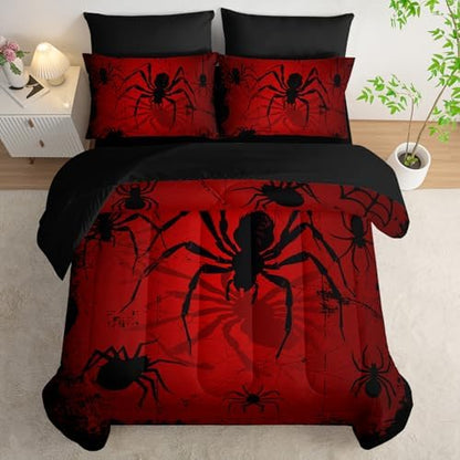 Boys Spider Printed Comforter Set Bed in A Bag QUEEN Size 7PCS Red Bedding Set Cool Black Spider Comforter Set ,Bed Sheet Set Spider Decor For Girls Boys Kids,Microfiber Lightweight All Season
