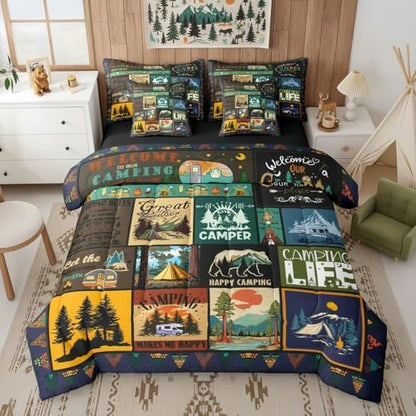 Erosebridal 7Pcs Camper Full Comforter Set for Kids Girls Boys Camping Themed Bedding Sets with Sheets RV Camping Decor, Country Farmhouse Quilts Bed Set with Fitted Sheet for Travel Trailers