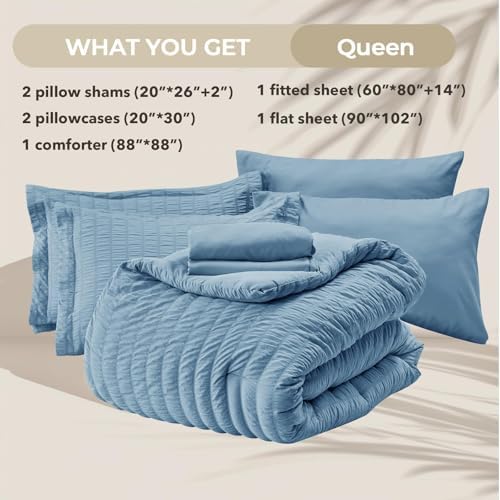 HYMOKEGE Mineral Blue Queen Comforter Set Seersucker 7 Pieces, All Season Luxury Bed in a Bag Queen for Bedroom, Bedding Set with Comforter, Sheets, Pillowcases & Shams