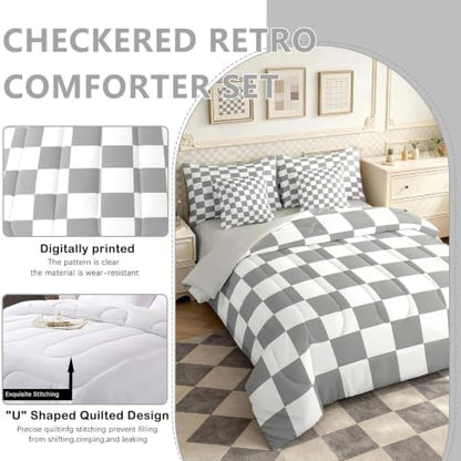 Checkered Retro Comforter Set Full Size 7 Pieces Grey Plaid Bedding Set for Kids Boys Girls Geometric Vintage Bed in a Bag Modern Simple Groovy Aesthetic Bedroom Decor All Season Quilted Lightweight