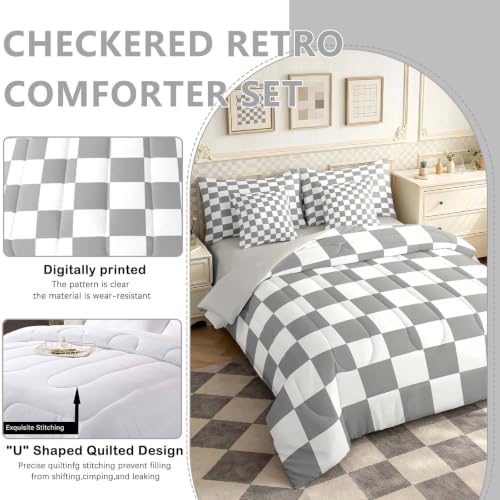 Checkered Retro Comforter Set King Size 7 Pieces Grey Plaid Bedding Set for Kids Boys Girls Geometric Vintage Bed in a Bag Modern Simple Groovy Aesthetic Bedroom Decor All Season Quilted Lightweight