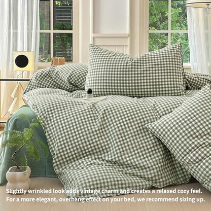 LifeTB Green Gingham Comforter Set California King Modern Style Green Plaid Grid Comforter with 2 Pillowcases Soft Fluffy Checkered Pattern Comforter Farmhouse Gingham Bedding Set Breathable