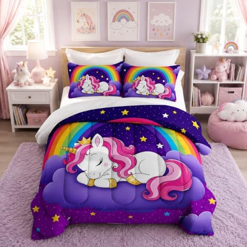 Cute Unicorn Queen Size Comforter Set for Girls with 2 Pillowcases.