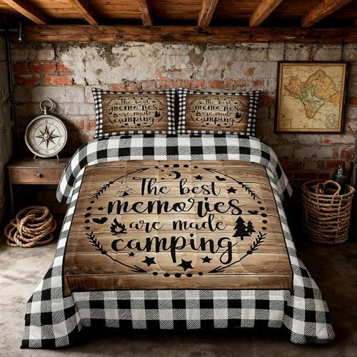 Happy Camping Comforter Set King Size,Camper RV Trailer Decor Bedding Set 3pcs for Kids Boys Girls Adults,Rustic Wooden Plank Geometric Grids Down Comforter,Brown Retro Duvet Insert,2 Pillowcases