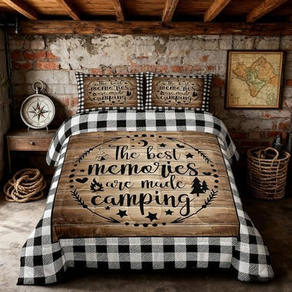 Happy Camping Comforter Set King Size,Camper RV Trailer Decor Bedding Set 3pcs for Kids Boys Girls Adults,Rustic Wooden Plank Geometric Grids Down Comforter,Brown Retro Duvet Insert,2 Pillowcases