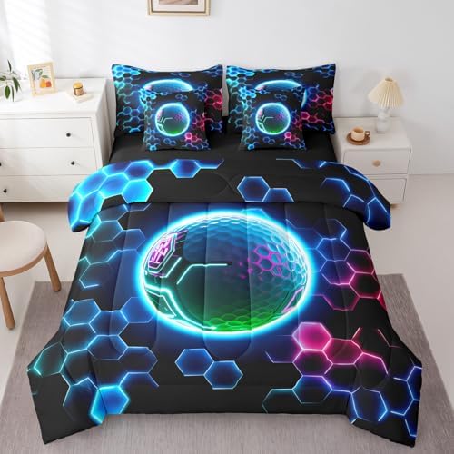 Erosebridal 3D Golf Full Bedding Set - Sports Decor Bed in A Bag,Neon Geometric Honeycomb Comforter Sets with Sheets, Cool Gamer Style 7 Pieces Bed Set Bedroom Decor