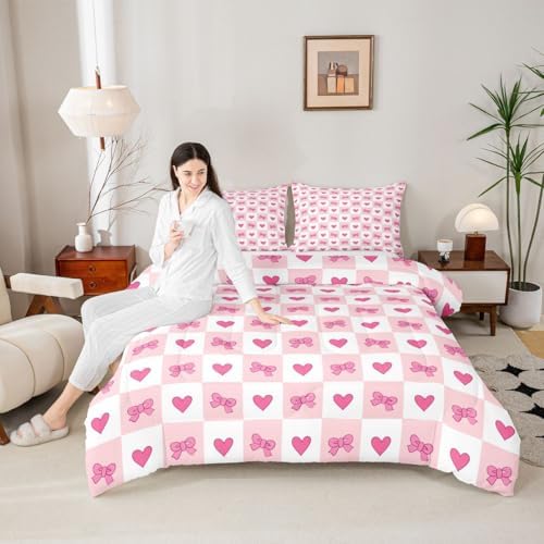 jejeloiu Girls Pink Bow Kids Comforter Set Full Size Bow Bedding Set Cute Bowknot Duvet Quilt for Kids Boys Girls Bedroom Decor Microfiber Ultra Soft Breathable
