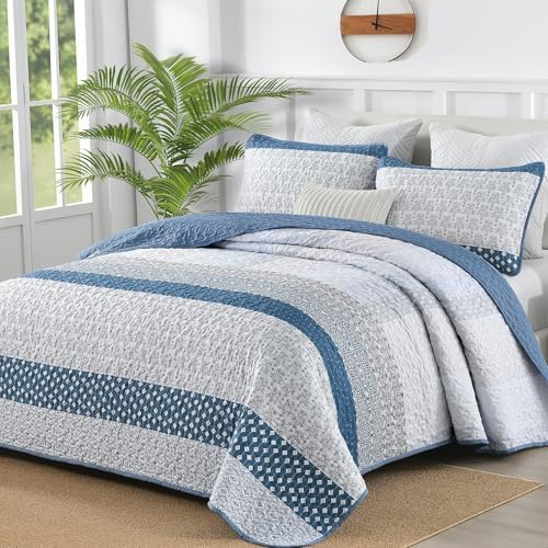 WONGS BEDDING Blue Full Size Quilt Set, Bohemian Striped Bedspreads