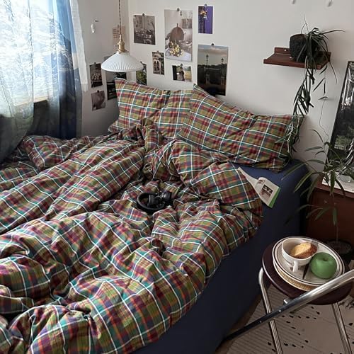 mixinni Buffalo Plaid Duvet Cover Queen Size - 100% Washed Cotton 3-Piece Bedding Set for All Seasons, Retro Grid Design, Soft Breathable Comforter Cover with Zipper Ties for Men, Women-Queen Size