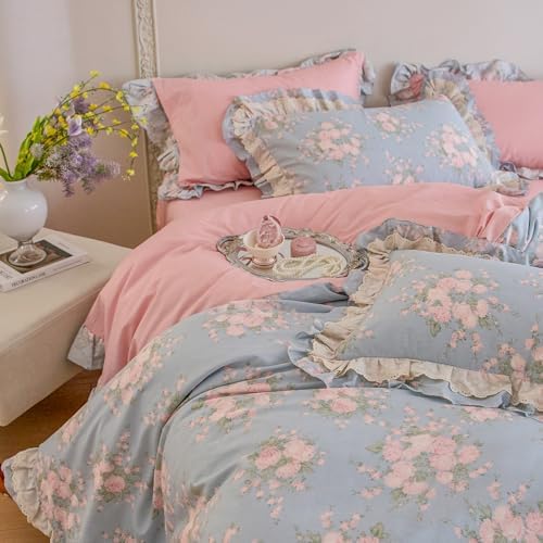 Romantic Ruffle Blue Duvet Cover Set Full Size, Aesthetic Pink Flower Comforter Cover Vintage Cottagecore Bedding Set, Soft Lightweight 100% Cotton Princess Lace Duvet Cover with Zipper Closure