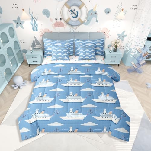 Erosebridal Boys Nautical Sailboat Queen Bed in A Bag, Ocean Ship Comforter Set with Sheets, Boat Anchor 7-Piece Bedding Set, White Cloud Blue Sky Nautical Bed Sets for Kids Teens Youth Men Bedroom