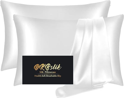 Silk Pillowcase 2 Pack, Natural Mulberry Silk Pillow Cases, Anti Acne Silk Pillowcase for Hair and Skin, King Size Silk Satin Pillowcase Set of 2 with Hidden Zipper, Gifts for Women Men, White