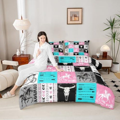 Manfei Cowboy Comforter Set Twin Size, Bull Skull Horse Arrow Bedding Set 2pcs for Kids Boys Girls Room Decor, Geometric Grid Blue Pink Plaid Quilt Set Western Duvet Set with 1 Pillowcase