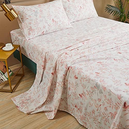 FADFAY Cotton Sheets Set Twin, Blush Pink Sheet Set Soft Girls Elegant Floral and Branches Leaves Printed Deep Pocket Fitted Sheet 4Pcs, Twin Size
