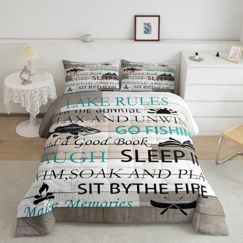 Lake House Bedding Set Queen Size,Fishing and Boating Comforter Set 3pcs Kids Teens Boys Men Bedroom Decor Rustic Farmhouse Wood Quilted Duvet Outdoor Adventure Camper Duvet Insert,2 Pillowcases