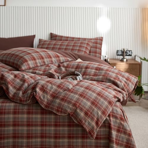 LifeTB Vintage Red Plaid Duvet Cover Bedding Set Full, 100% Washed Cotton Red&Blue Retro Plaid Checkered Comforter Cover, Reversible Gingham Duvet Cover Breathable Soft Grid Farmhouse Bedding Set