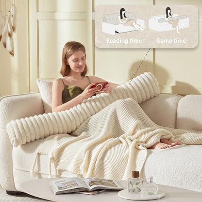 Headboard Pillow + A Long Neck Roll Pillow Body Pillow，Faux Fur Headboard Wedge Pillow with Removable Cover (Beige, King：76x8x20 inches)