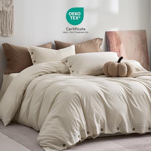 JELLYMONI 100% Washed Cotton Oat Milk Duvet Cover Queen, Linen-Like