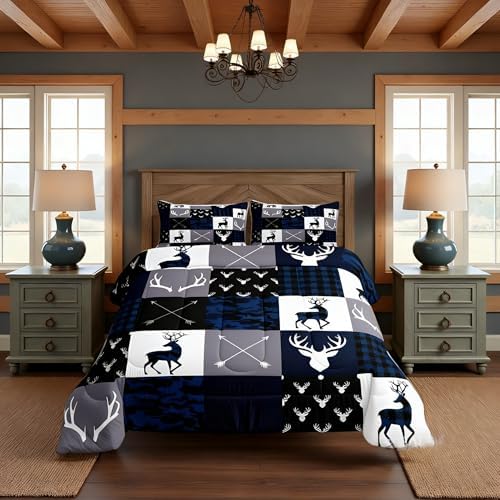 Manfei Camo Deer Antlers Comforter Set Twin,Geometric Plaid Patchwork Bedding Set 2pcs for Kids Teens Girls Boys Room Decor,Boho Arrow Xmas Quilt Set,Blue Grey Duvet Insert with 1 Pillowcase