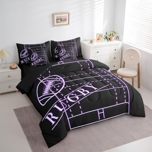 Teens Football Bedding Full Size 7-Piece for Boys Sports Comforter Set, Black Purple Soccer Field Bedding Comforter Sets Ball Gaming Bed in a Bag, Sport Gamer Bedding Accessories (Black Reversible)