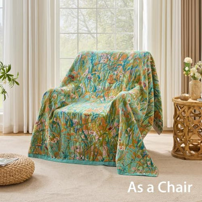 VANJOROY Boho Throw Blanket, 100% Organic Cotton Breathable Skin-Friendly Ultra Soft 80" x 90" Bed Quilt Green Leaf Throw - Floral Rustic Luxury Reversible Blanket for Sofa Couch Chair and Gift,
