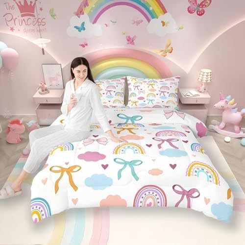 Erosebridal Kawaii Rainbow 7 Piece Bedding Set, Watercolor Clouds Bow Knot Queen Comforter Set with Sheets Ribbon Bowknot Dreamy Princess Style Bed in a Bag, Cute Room Decor Aesthetic