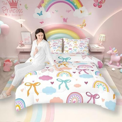 Erosebridal Kawaii Rainbow 7 Piece Bedding Set, Watercolor Clouds Bow Knot Queen Comforter Set with Sheets Ribbon Bowknot Dreamy Princess Style Bed in a Bag, Cute Room Decor Aesthetic
