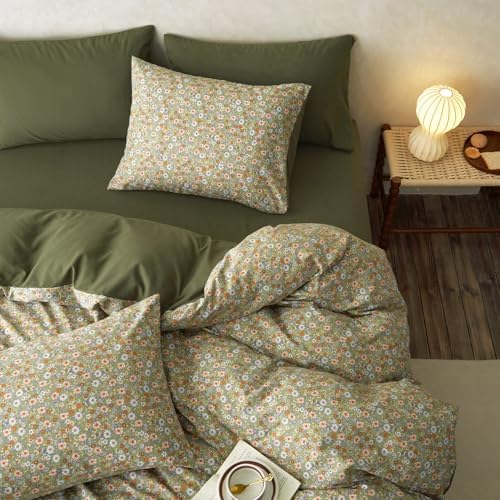 Wake In Cloud - Floral Comforter Set with Sheets, Cute Vintage Flower Cottagecore Aesthetic for Women Teen Girls, 7 Pieces Bed in a Bag, Olive Green, Queen Size