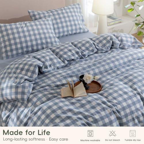 JIYUAN King Washed Cotton Duvet Cover Set, 3-Piece, Large Gingham