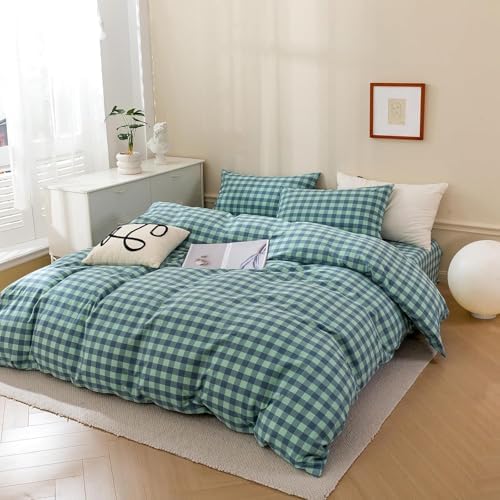 mixinni Green Gingham Grid Duvet Cover Twin, 100% Washed Cotton Modern Geometric Bedding Set with 2 Pillowcases, Farmhouse Style Blue Plaid Comforter Cover Set for Men & Women, Soft & Lightweight