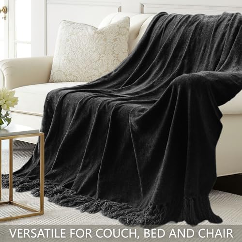 Chenille Throw Blanket for Couch 50" x 60", Black