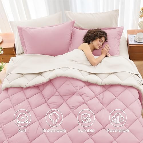 MUXHOMO 5 Pieces Twin Comforter Set, Reversible Bed in a Bag Twin Size, All Season Bedding Set with Comforter, Flat Sheet, Fitted Sheet, Pillowcases & Shams, Light Pink & Ivory