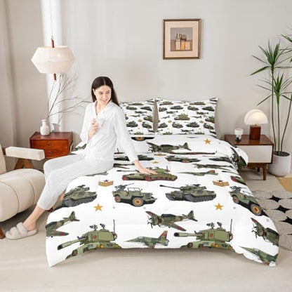 Manfei War Theme Comforter Set Twin Size, Aircraft Tanks Bedding Set 2pcs for Kids Boys Bedroom Decor, Retro Army Green Airplane Tanks Down Comforter Soft Polyester Quilt Set with 1 Pillowcase