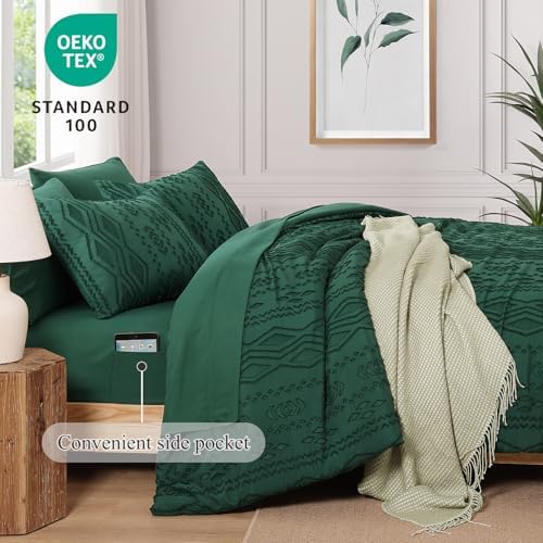 Queen Comforter Set Emerald Green Tufted Boho Farmhouse Bedding 7 Pieces