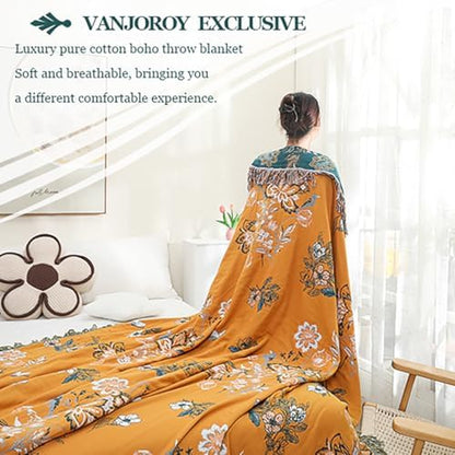 VANJOROY Boho Large Throw Blanket, 100% Organic Cotton Breathable Soft Bed Throw - Floral Bird Farmhouse Decor Blanket for Sofa Couch Chair Quilt and Gift. (Flower-Art, 80" x 90")